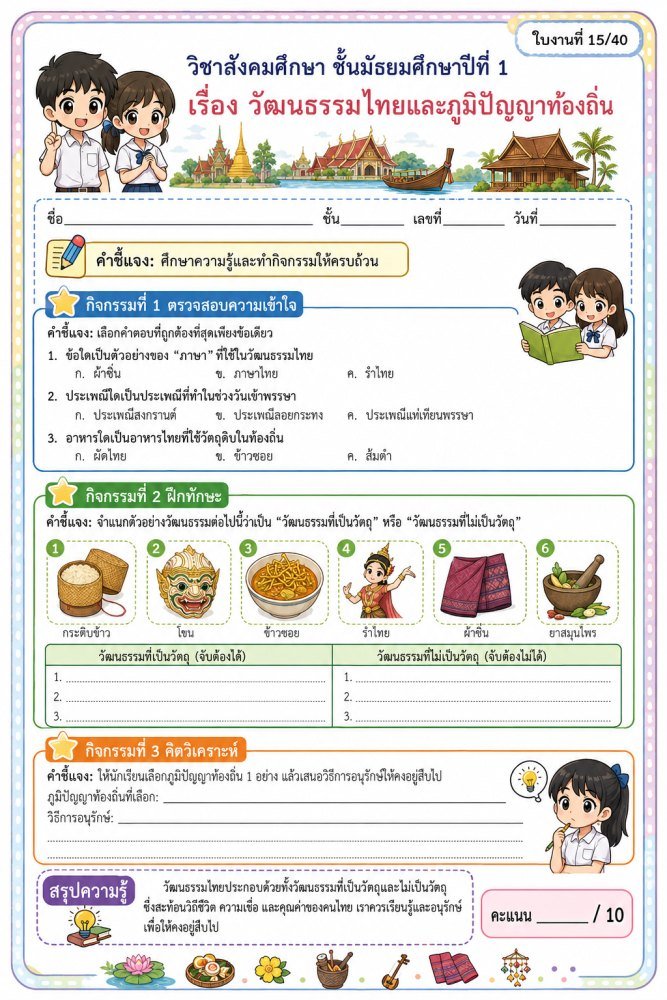 สื่อการเรียนรู้ ม.1 ฟรี 017 — ชุดที่15 ม1 เรื่องวัฒนธรรมไทยและภูมิปัญญาท้องถิ่น