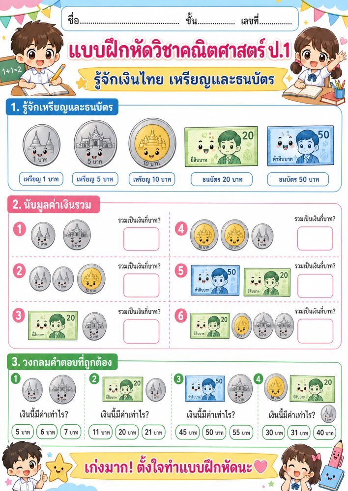 แจกฟรี 022 | แบบฝึกหัดคณิตศาสตร์สำหรับป.1 ชุด7
