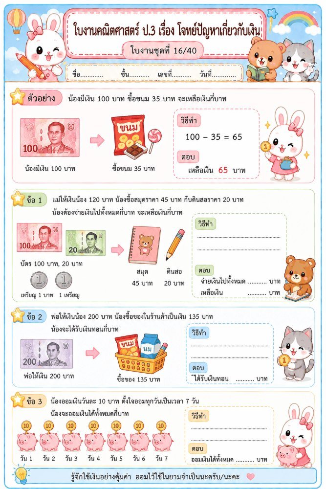 แจกฟรี 080 | ใบงานใบกิจกรรมวิชาคณิตศาสตร์ ป.3 ชุดที่ 13