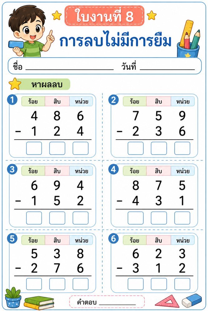 แจกฟรี 680 | ใบงานคณิตศาสตร์ ป2 08 การลบไม่มีการยืม