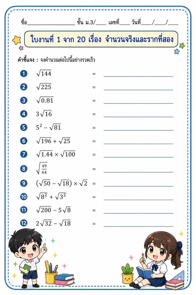 แจกฟรี 714 | แบบทดสอบคิดเลขเร็ว ชั้นม3 ใบงานที่01 เรื่องจำนวนจริงและรากที่สอง