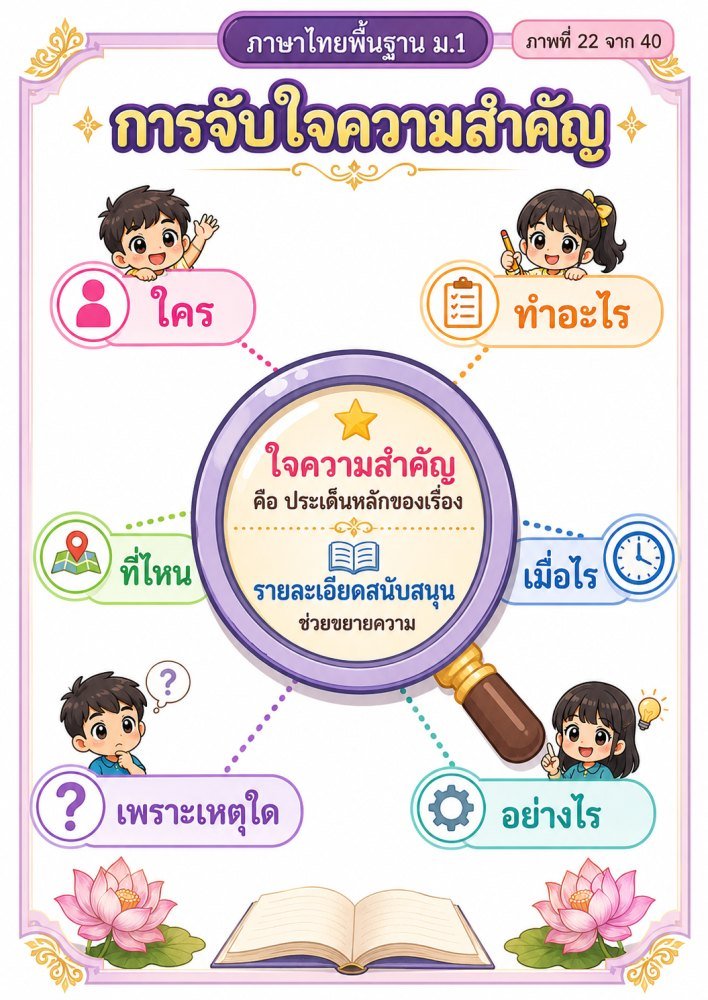 แจกฟรี 835 | 22 สื่อการสอนภาษาไทยพื้นฐาน ม1 เรื่อง การจับใจความสำคัญ