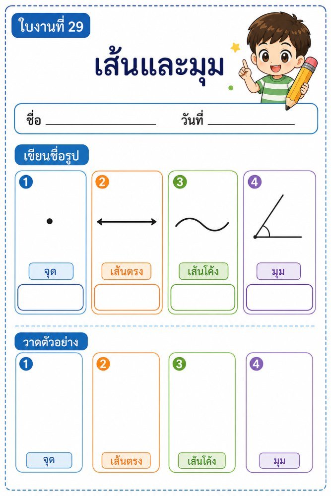 แจกฟรี 1099 | ใบงานคณิตศาสตร์ ป2 29 เส้นและมุม