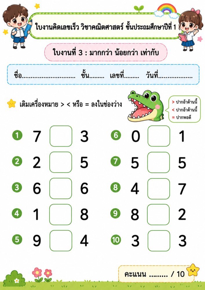 แจกฟรี 1137 | ใบงานคิดเลขเร็ว คณิตศาสตร์ ชั้นป.1 ชุดที่ 5