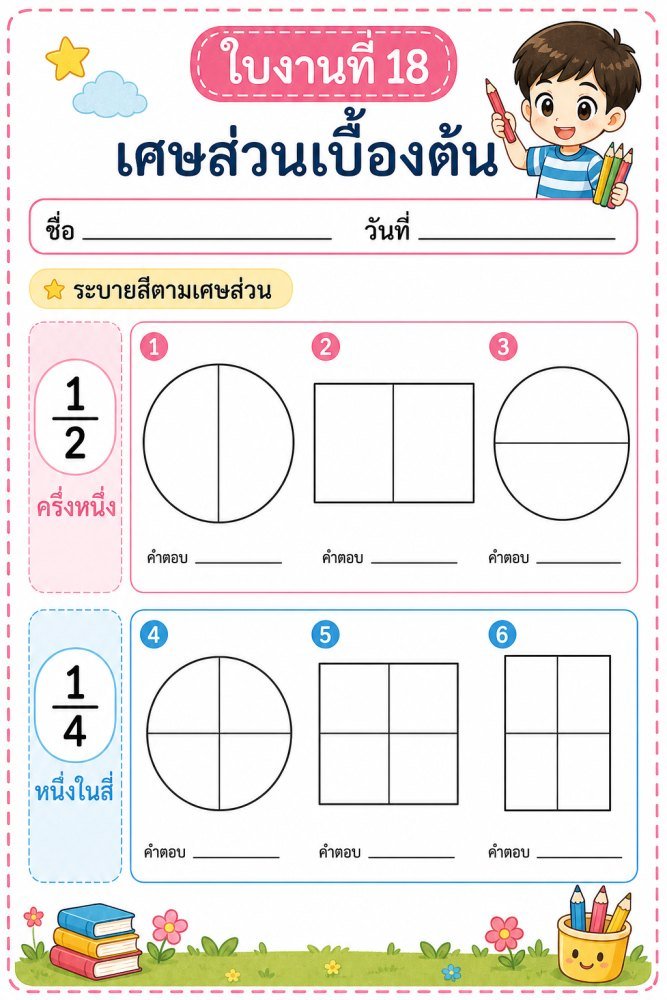 แจกฟรี 1286 | ใบงานคณิตศาสตร์ ป2 18 เศษส่วนเบื้องต้น