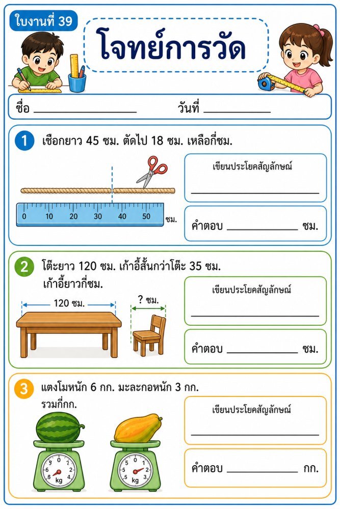 แจกฟรี 1299 | ใบงานคณิตศาสตร์ ป2 39 โจทย์การวัด