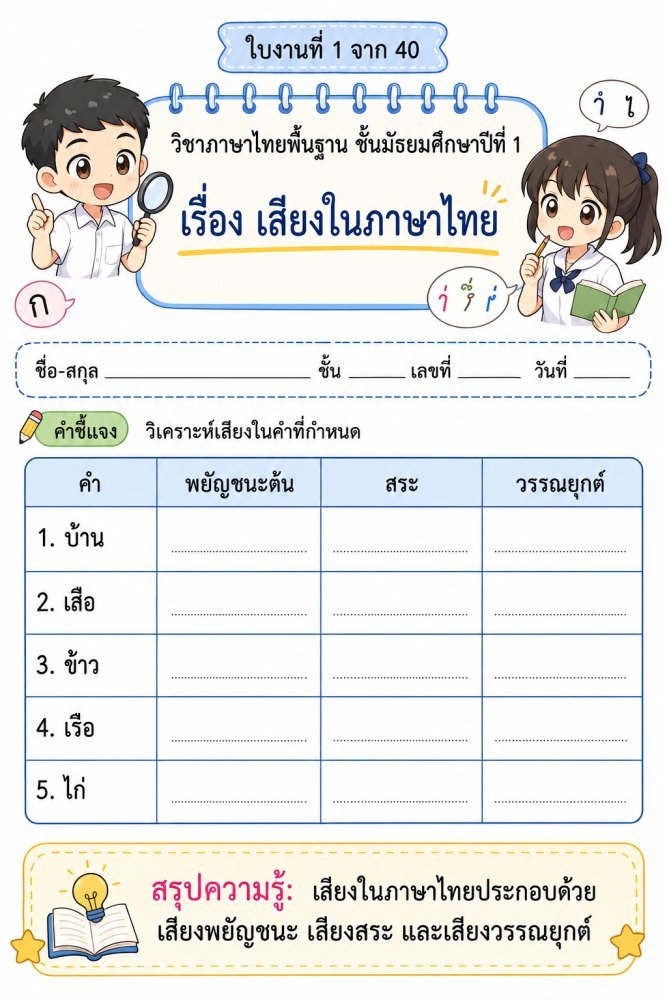 แจกฟรี 1330 | 01 ใบงานภาษาไทยพื้นฐาน ม1 เรื่อง เสียงในภาษาไทย
