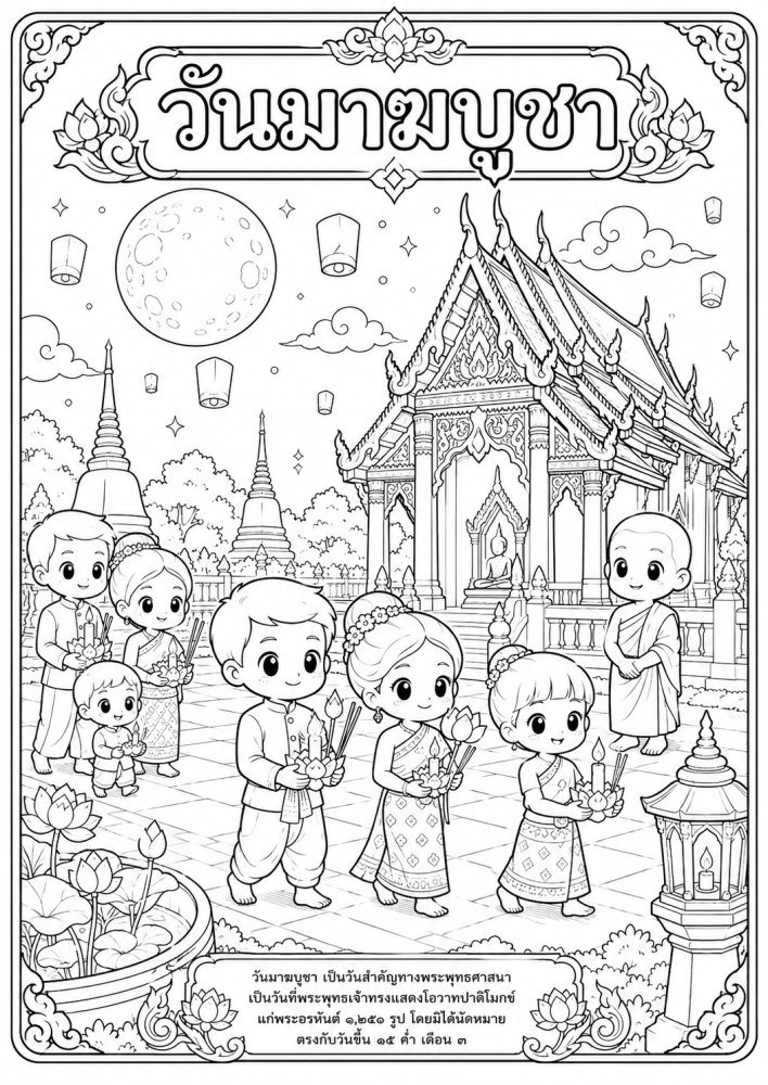 ภาพระบายสีวันมาฆบูชาในวัดไทย