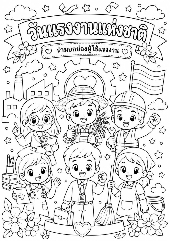 ภาพระบายสีวันแรงงานแห่งชาติ รวมใจคนทำงาน