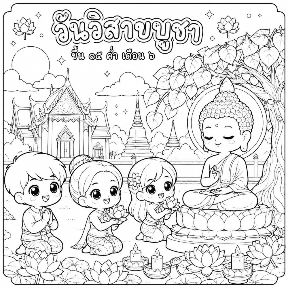 ภาพระบายสีวันวิสาขบูชาในวัดไทย