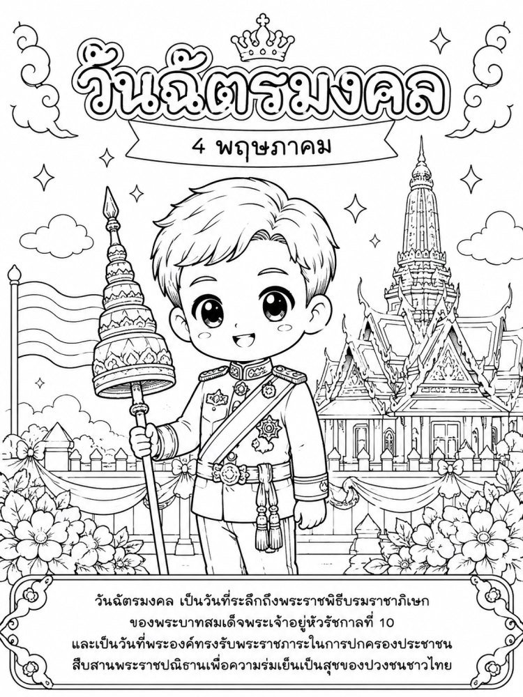 ภาพระบายสีวันฉัตรมงคลในภาพวาดการ์ตูน.png