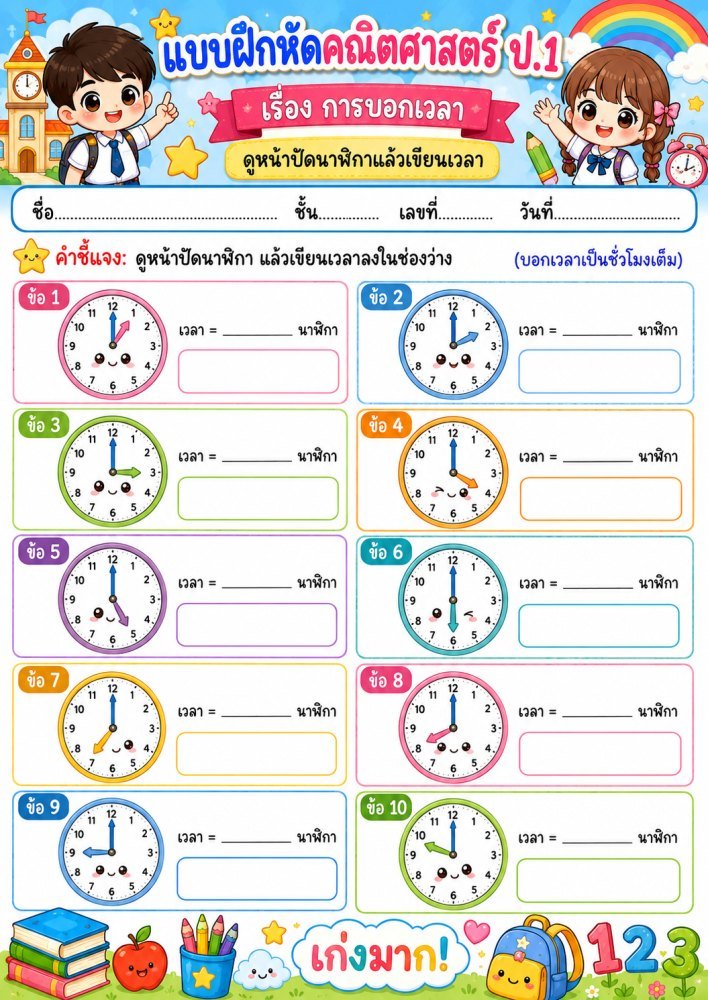 แบบฝึกหัดคณิตศาสตร์ ป.1 เรื่องเวลา