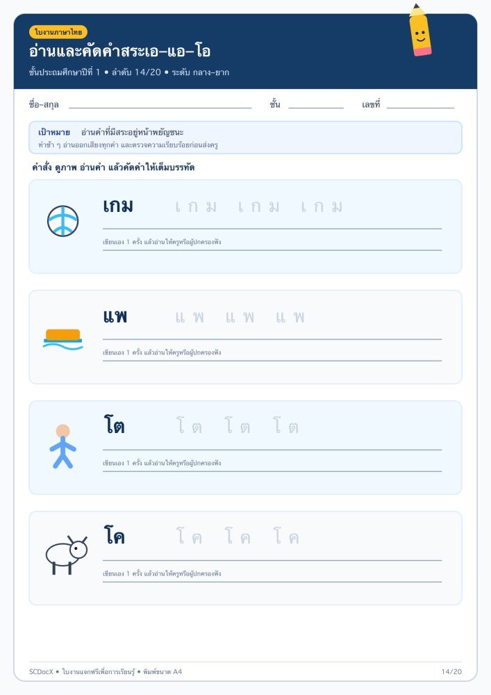 ใบงานภาษาไทย ป.1 คัดลายมือและอ่านออกเขียนได้ 14/20 — อ่านและคัดคำสระเอ–แอ–โอ