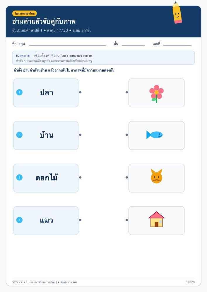 ใบงานภาษาไทย ป.1 คัดลายมือและอ่านออกเขียนได้ 17/20 — อ่านคำแล้วจับคู่กับภาพ
