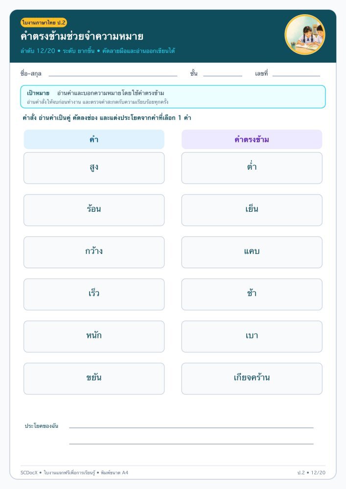 ใบงานภาษาไทย ป.2 คัดลายมือและอ่านออกเขียนได้ 12/20 — คำตรงข้ามช่วยจำความหมาย