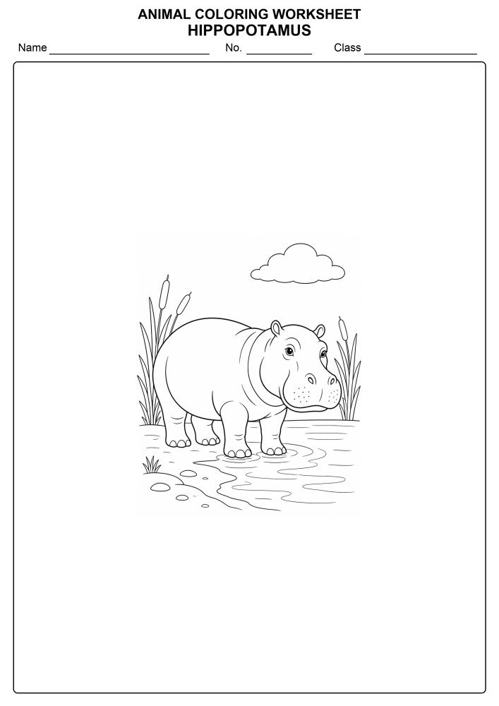 Free Animal Coloring Worksheet 05 - Hippopotamus