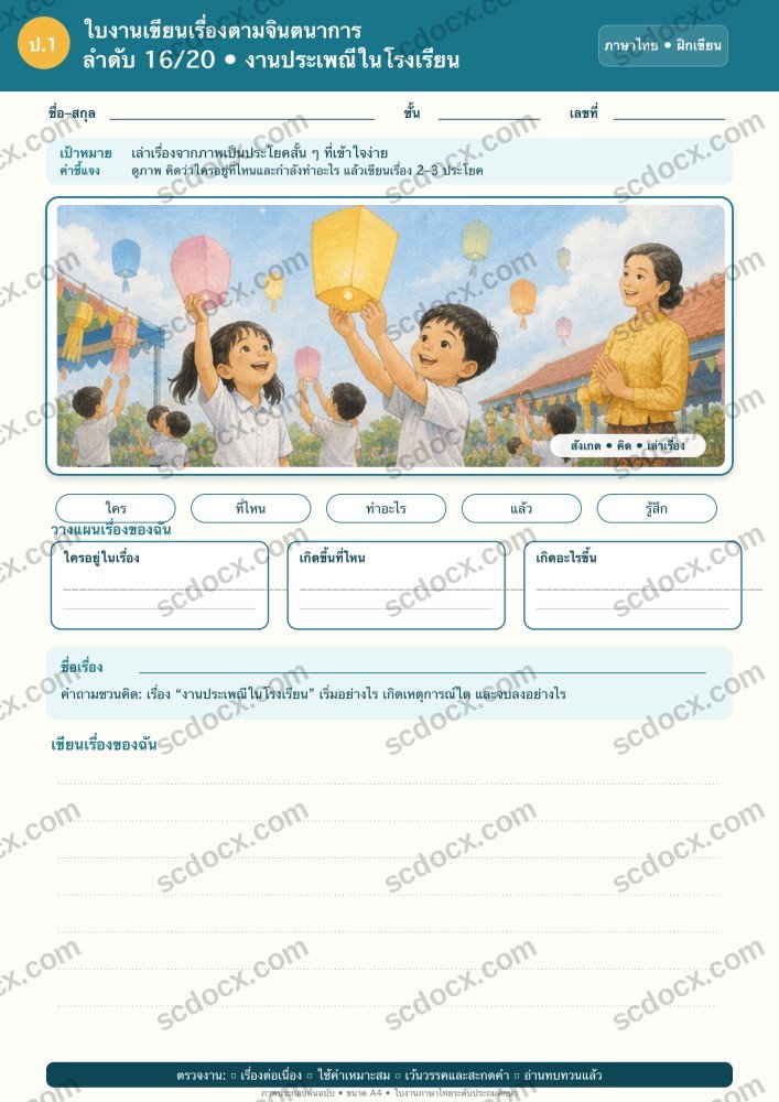 ใบงานเขียนเรื่องตามจินตนาการ ป.1 16/20 — งานประเพณีในโรงเรียน